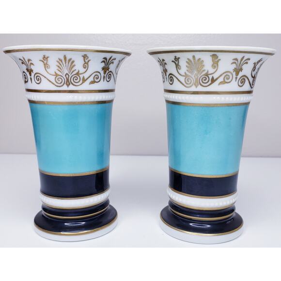 Vintage MOTTAHEDEH DESIGN Pair of 5 1/2" Vases Black Aqua & Gold - Picture 4 of 14